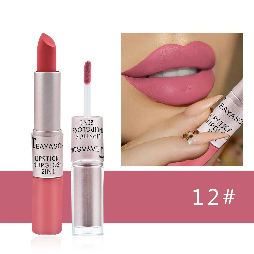 2 en 1 – Rouge à Lèvres & Gloss, 12 Teintes Intenses