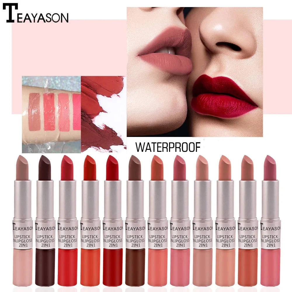 2 en 1 – Rouge à Lèvres & Gloss, 12 Teintes Intenses