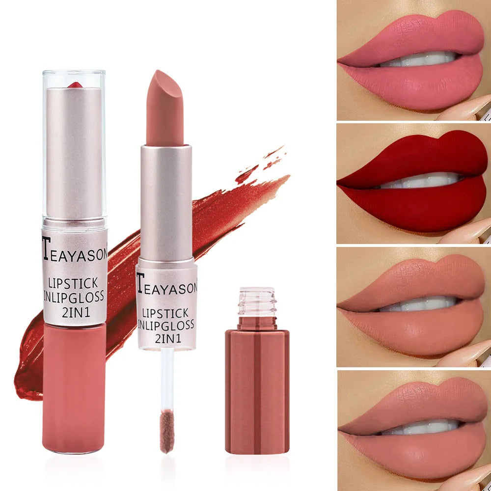 2 en 1 – Rouge à Lèvres & Gloss, 12 Teintes Intenses
